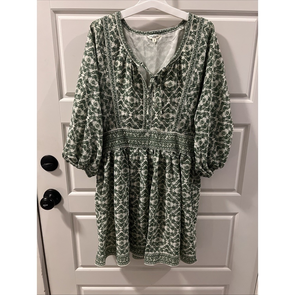 Max Studio Green and White Printed Dress with Balloon Sleeves Size L